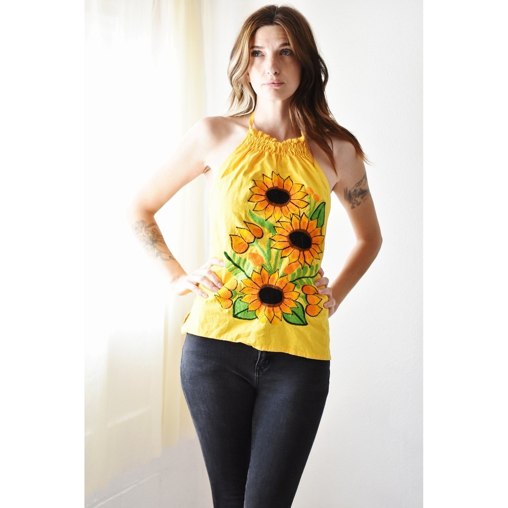 Halter Top Women S Yellow Excellent Embroidered Sunflower Boho Smocked